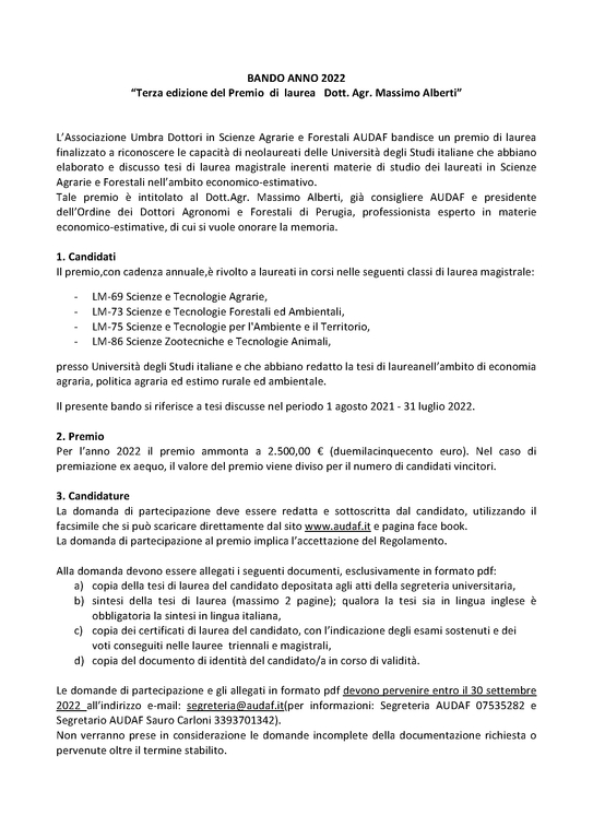 BANDO 2022 Premio laurea dr. agr. Massimo ALBERTI rev. 17.05.2022 DEF Pagina 1